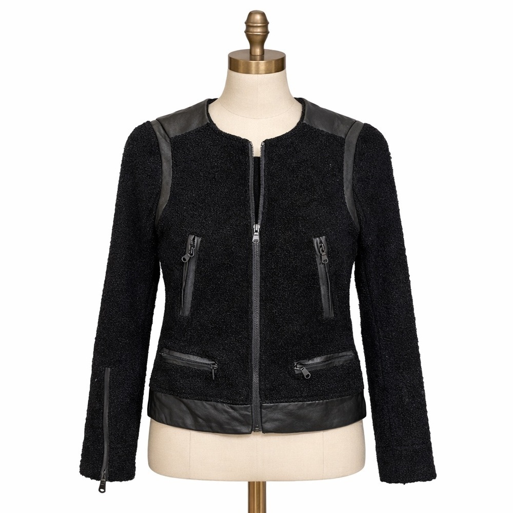 Club Monaco Motorcycle Jacket Womens SZ0 Black Wool Boucle Lambskin Leather Trim
